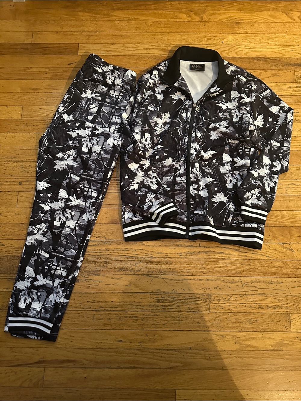 Black & White Fall Leaf Track Jacket and Pants Set